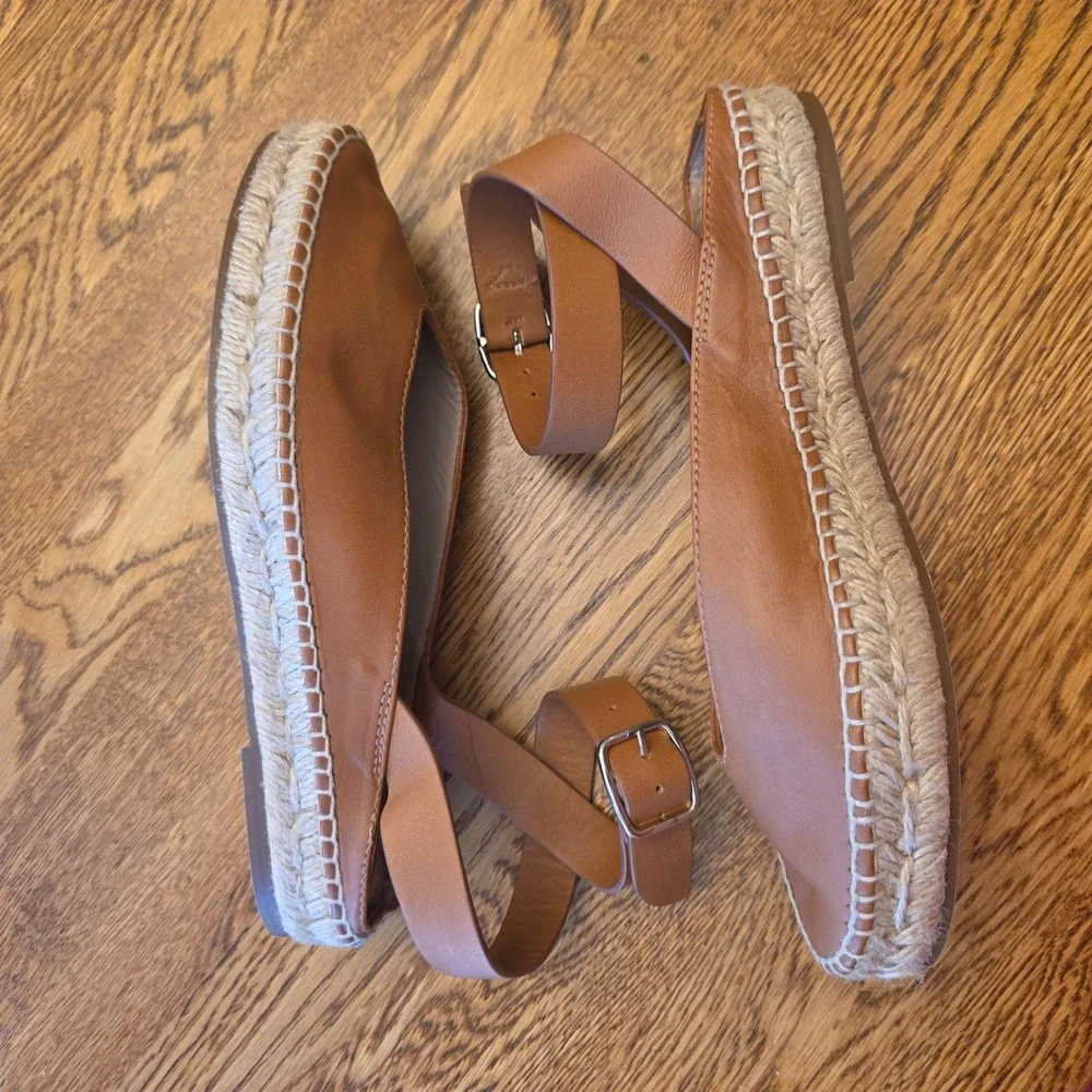 Stuart Weitzman 5.5 Tan Leather Ankle‎ Strap Espadrille Flats Boho Quiet Luxury